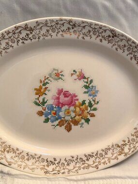 Vintage Taylor Smith Taylor Oval Serving Platter Floral Center Gold Trim 11.5" l